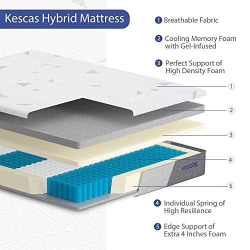 Kescas 10.5 Inch Spring Hybrid Twin Mattress -Bamboo Charcoal Cooling Gel Memory Foam, Moisture Wicking Cover, Edge Support - Pocket Innersprings For Motion Isolation - Made In North America #TOP5