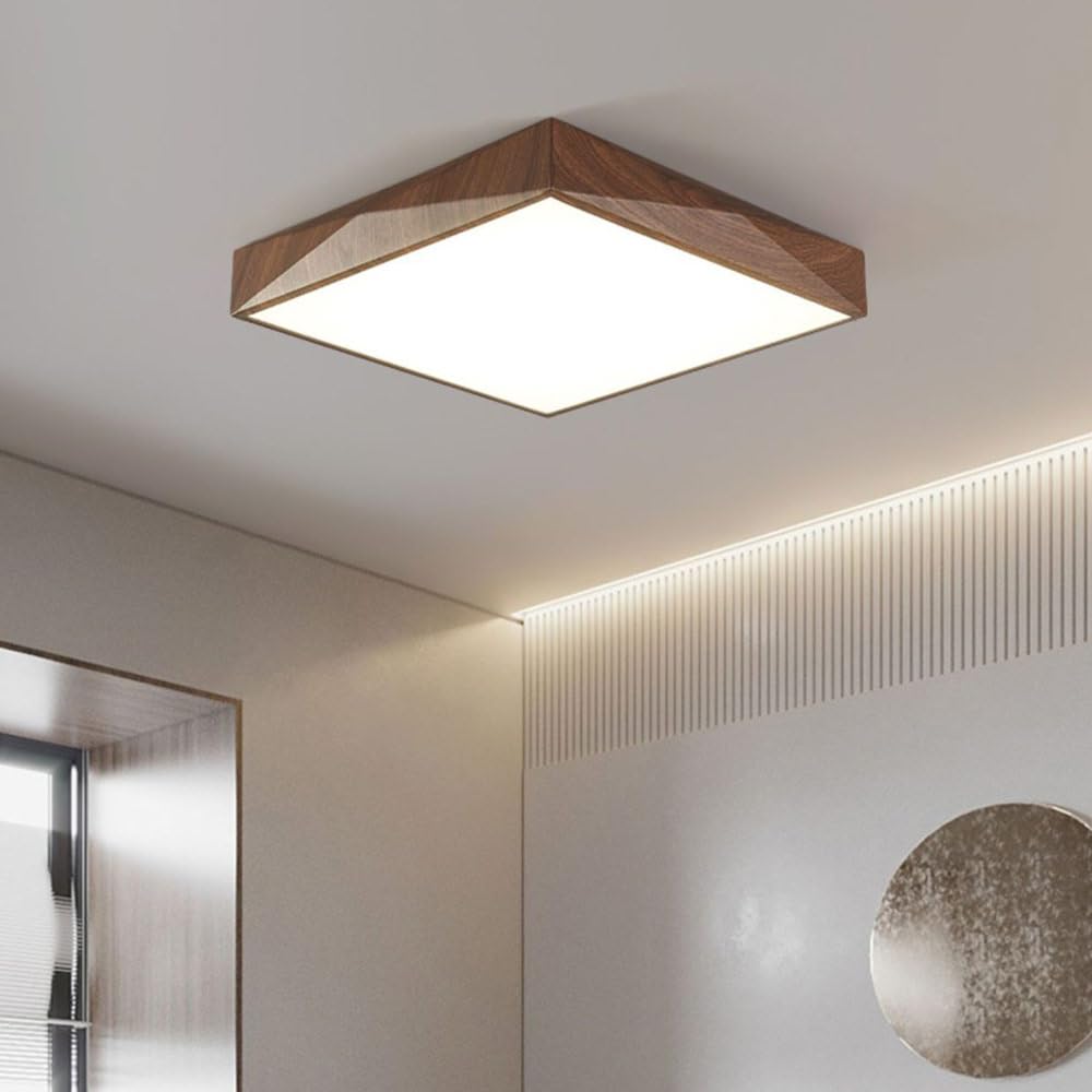 Żyrandol sufitowy LED do kuchni, nowoczesny, montowany na równi z blatem, oprawa z drewna orzechowego, kwadratowa lampa ściemnialna z pilotem do korytarza, sypialni, pralni, salonu