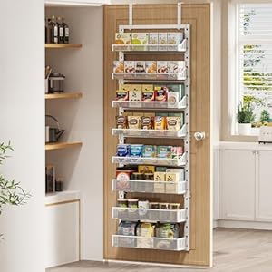Over the Door Pantry Organizer 8-Tier, Large Metal Door Spice Rack with Adjustable Basket, 2 in 1 Wall Mount or Hanging Heavy-Duty Pantry Door Storage Shelf for Kitchen and Bathroom, White Over the Door Pantry Organizer 8 Tier Large Metal Door Spice Rack with Adjustable Basket 2 in 1 Wall Mount or Hanging Heavy Duty Pantry Door Storage Shelf for Kitchen and Bathroom White