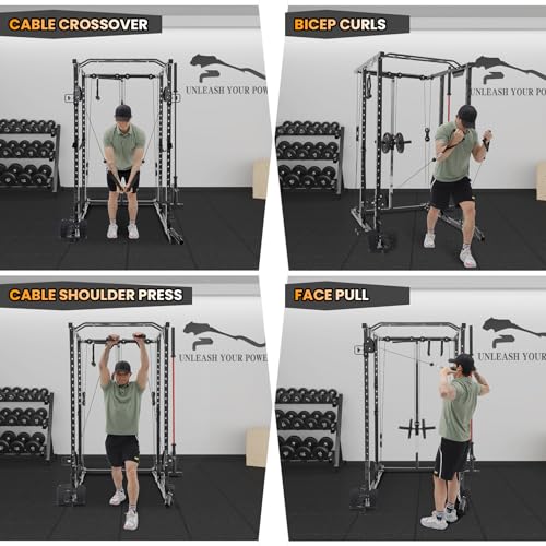 GaveeLife Power Cage, 2000 LBS Power Rack with Cable Cross-Over System, Multi-Functional Strength Training Squat Rack with LAT Pull Down System, Home Gym Equipment with Training Attachment, Red