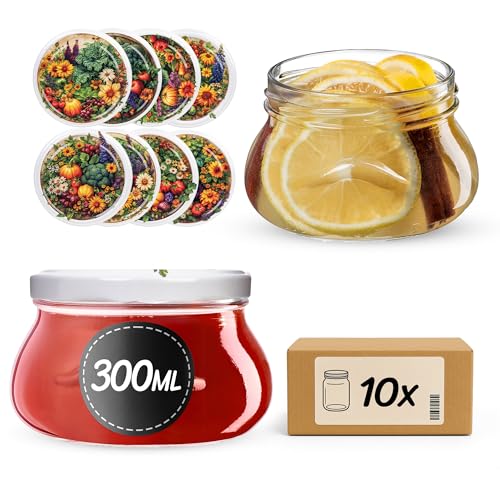 KADAX Tarros de mermelada de 300 ml con tapa de rosca fi82 mm, tarros pequeños para miel y especias, tarros de mermelada con tapa, frascos herméticos para regalar (huerto, 10 unidades)