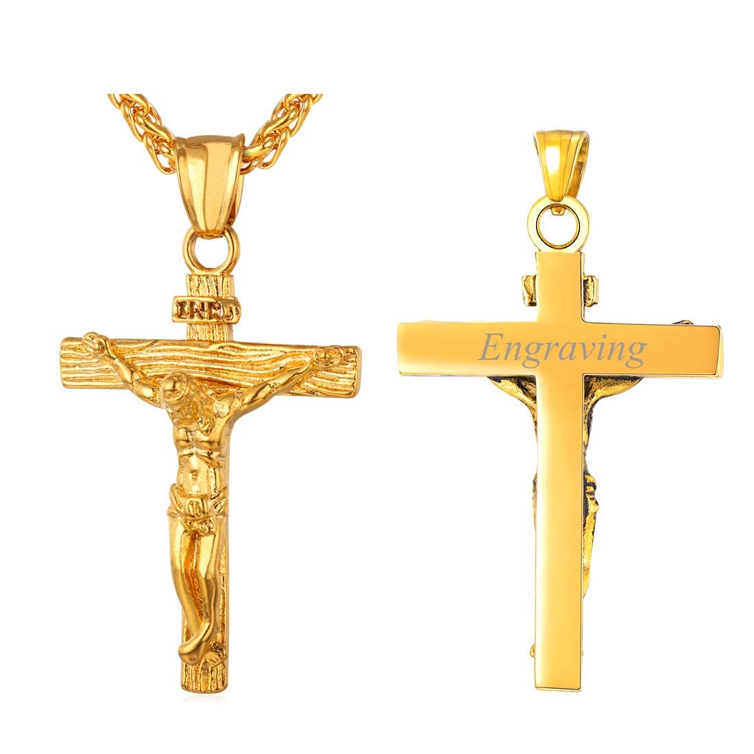 U7Collar Personalizable de Cruz INRI Crucifijo con Jesús, Material Acero Inoxidable, con Cadena Espiga/Cordón, Joyería Religiosa para Hombres y Mujeres