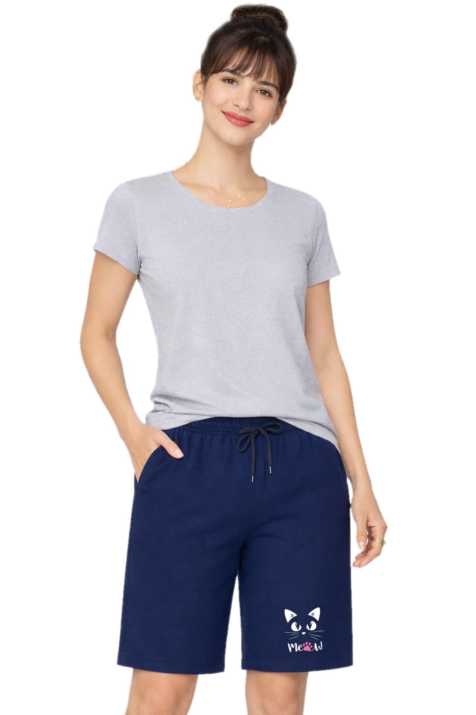 Womens Casual Meow Printed Knee Length One Side Pocket Short-image-39
