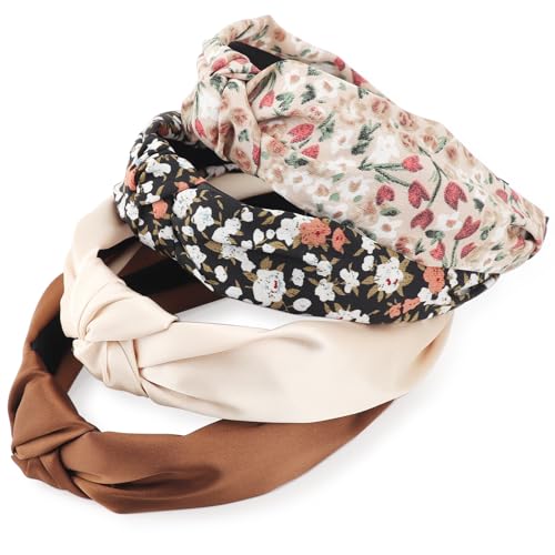 Image of DRESHOW Headbands for Women and Girls Flower Printed Knotted Plastic Head Band Fashion Boho Wide Hairbands Non Slip Hair Accessories 4 Pcs