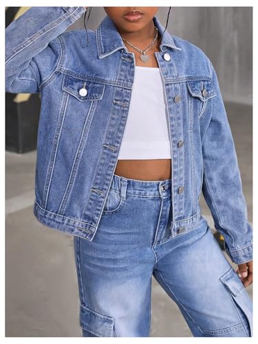 Floerns Girl's Long Sleeve Denim Jacket Button Up Collared Jean Jacket Outerwear4