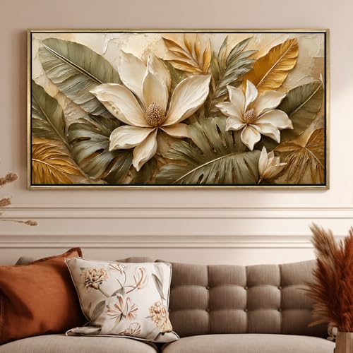 Image of PAPER PLANE DESIGN Modern Floral Wall Art with Vintage Gold Floating Frame, 2 x 4 Feet Ready to Hang Canvas Art for Bedroom Office - FLR-084