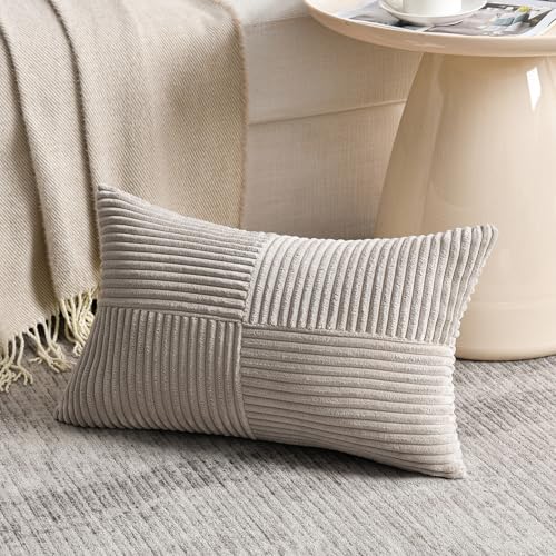 Image of Fancy Homi 2 Packs Neutral Taupe Lumbar Decorative Throw Pillow Covers 16x26 Inch for Living Room Couch Bed Sofa, Farmhouse Home Decor, Soft Striped Corduroy Rectangle Accent Cushion Case 65x40 cm