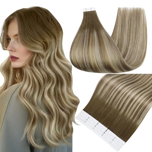 Image of Full Shine Hair Extensions Tape in, Ash Brown Blonde Ombre 20 Inch | 50g 20PCS, Invisible Remy Human Hair Tape in Extensions, Straight Remy Finish Soft Silky Medium Brown Blonde Look