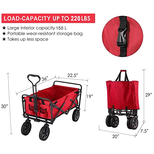 220 Lbs Capaticy Folding Wagon, Utility Garden Cart Collapsible With Wheels For Outdoor Camping, Red #TOP1