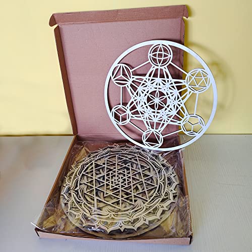 Image of Tucocoo 4pcs Sacred Geometry Wood Wall Art Set: Sri Yantra, Metatron's Cube, Seed of Life, Torus Yantra & Mandala - Unframed Wall Sculpture - Brown, Matte Finish - 12''x12''x0.2'' - Home Office Decor