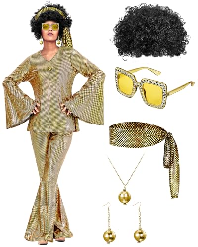 Jexine Halloween 70s Women Disco Outfit Costume Set Disco Party Top Pants Sunglasses Ball Necklace Earring Wig(Gold,XXX-Large)