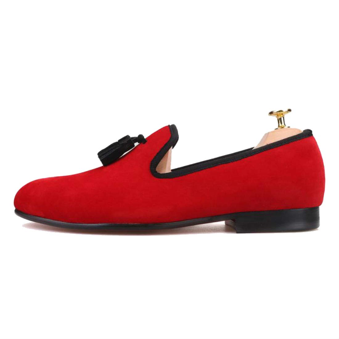 FERUCCIPlain Red Velvet Slippers Loafers with Black Tassel Wedding Prom Shoes