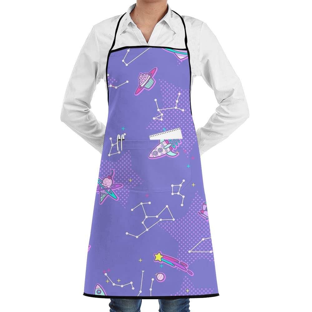 Rainbow Star Space Planet Ice Cream Chef Apron with Pockets Grill Aprons for Women Men Kitchen Cooking Baking BBQ