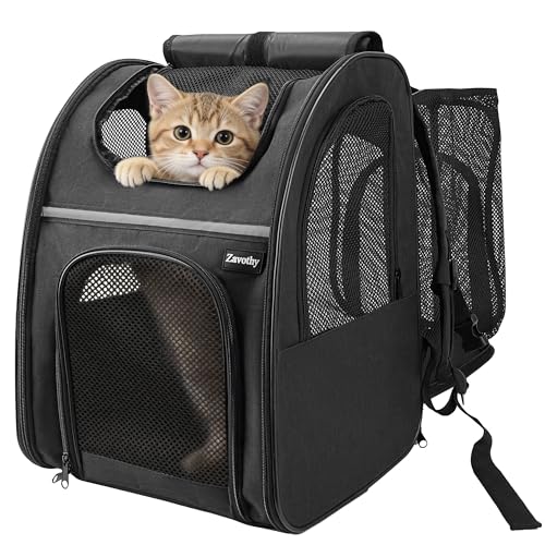 Zavothy Zaino per Cani e Gatti, Zainetto Trasportino Portatile e Pieghevole, con Finestra a Rete e Supporto Imbottito per la Schiena, Traspirante, Carico Massimo 8kg (Espandibile Nero)