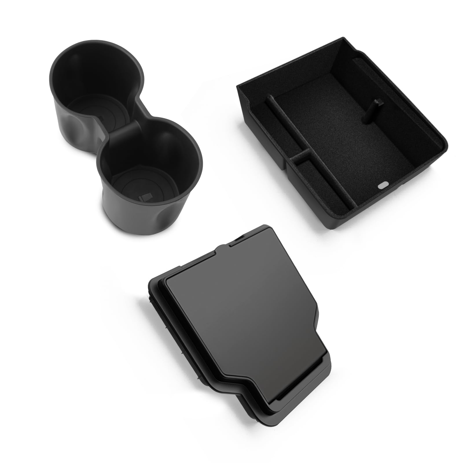 Lot de 3 Accessoires pour Tesla Model Y Standard 2025-2026 et Model Y 2025-2026 Juniper - Boîte de Rangement pour accoudoir - Boîte cachée et Porte-gobelet Model Y - Accessoires (Flocage)
