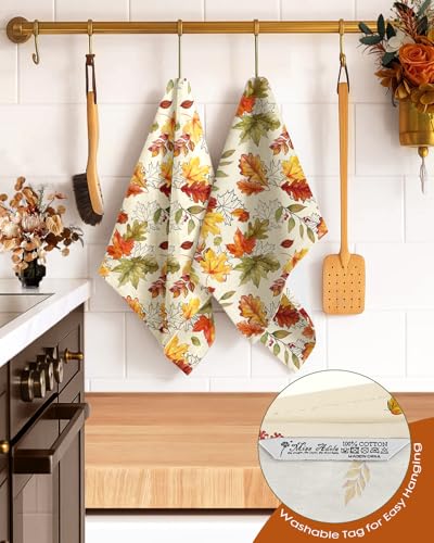 Image of 150GSM Flour Sack Kitchen Towels Set of 2, Autumn Leaf | 18 inchx26 inch, Lightweight, Lint-Free, Pure Cotton, Decorative, with Hanging Loop, Absorbent, Softer after Wash, Giftable Package