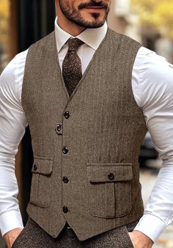 Men's V-Neck Suit Vest Herringbone Tweed Casual Slim Fit Dress Wedding Waistcoat2