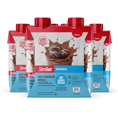 SlimFast Meal Replacement Shake, Original Rich Chocolate Royale, No Added Sugar, Meal Replacement Shakes, 10g Ready to Drink Protein, 5g Fiber, 25 Vitamins and Minerals, 11 Fl. Oz, 12 Count