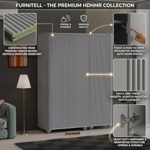 Image of 3 Door Wardrobe Almirah for Bedroom, 72 Inch | Premium HDHMR Wooden Cupboard with Hanging Rod & Storage Compartments | Fluted Push-to-Open Clothes Organizer Cabinet | Grey Finish
