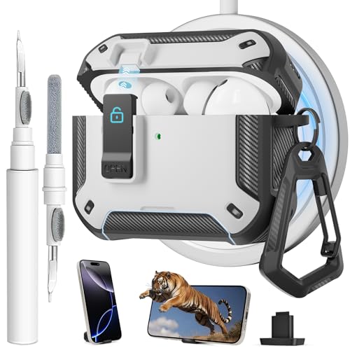 Image of for AirPods Pro 3 Case with Magnetic Lock and Phone Stand, Compatible with Magsafe Charging,with Carabiner&Cleaner kit for Apple iPod Pro 3rd Generation Cover(2025) Men Women (White)