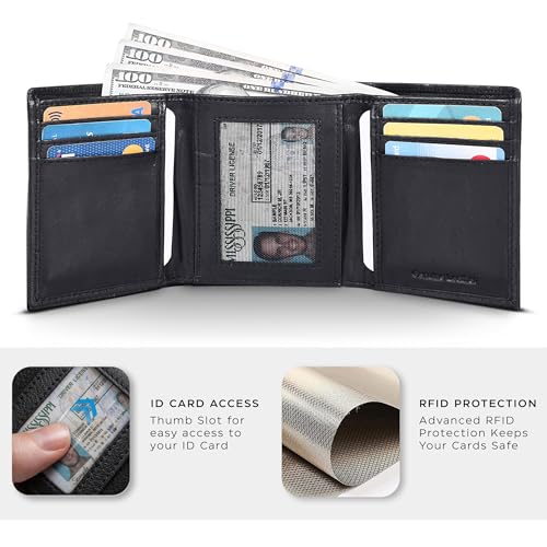 Image of Tri fold Leather Wallet for Men with RFID | Slim Wallets for Men with 1 ID and 6 Credit card slots | Front Pocket Minimalist