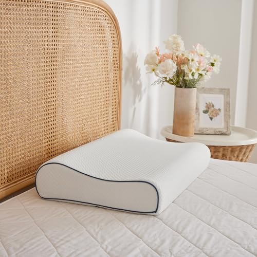 Dreamaker Cool Comfort Tencel Cover Contoured Memory Foam Pillow Ergonomic Contoured Shape Contour Pillow for Side & Back Sleepers Well Neck Supports Reduces Strain & Pain Relief Bed Neck Pillow