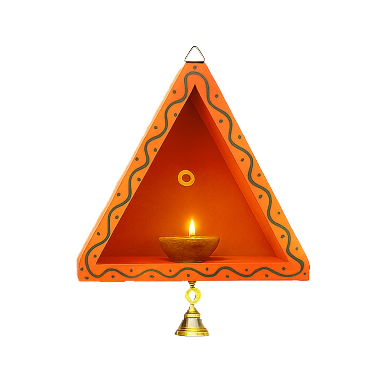 Himavat Wooden Hanging Diya Stand for Wall | Triangle Vilakku Madam Diya Holder with Brass Bell | Classic Wall Mounted Pooja Vilakku Stand for Mandir Decoration Orange - 1 Qty-image-15