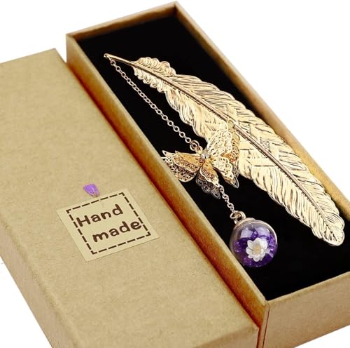 CNTOAE Metal Feather Bookmarks with 3D Butterfly and Dried Flower Pendant Gold Retro Book Page Markers Leaf Book Marks Gift for Book Lovers Teachers (1pcs)