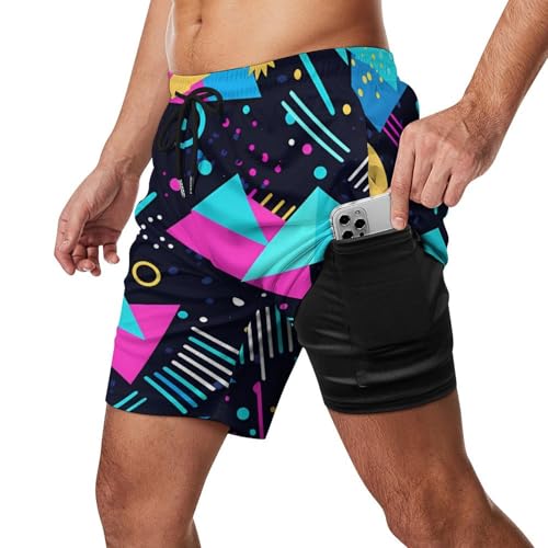 80s 90s Blue Pattern Mens Swim Trunks with Compression Liner 5"-7" Quick Dry Summer Board Shorts with Pockets2