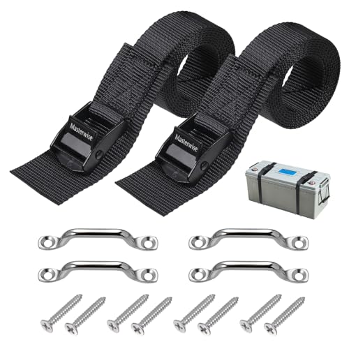 Masterwise 48 Battery Tie Down Strap Hold Down Kit Cooler Tie Down Kit with Stainless Steel Cam Buckle Mounts and SS Screws for RV Battery Boats Trailer Luggage Belt (2 Pack)