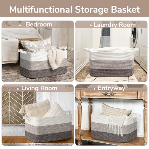 Goodpick Large Woven Storage Basket, 21.6"x14.9"x11.8", Blanket Storage for Bedroom and Living Room, Rectangle Rope Baskets for Storage, White Brown