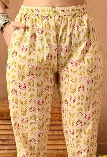 Image of Amazon Brand - Tavasya Women Cotton Anarkali Kurta Pant Dupatta Set | Printed Ethnic Suit Set | Flared Anarkali Kurta with Pant & Dupatta | Festive & Casual Wear