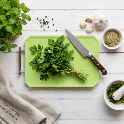 Image of E-COSMOS 2 in 1 Stainless Steel Cutting Board with Green Border and Handle, Measurement Scale Chopping Board for Vegetables, Fruits, Paneer and Meat, Easy-Clean Kitchen Prep Board, (34L X 21W)