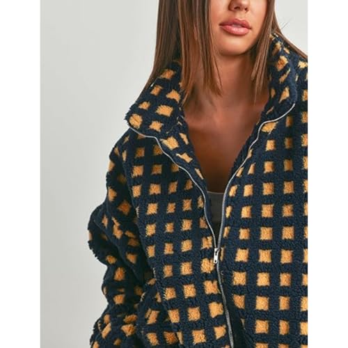 Women Y2k Plaid Jacket Fuzzy Zip Up Long Sleeve Warm Oversized Fall Winter Sherpa Fleece Cropped Jackets Coat4