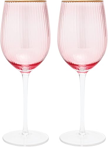 Vikko Juego de 2 copas de vino decorativas con borde dorado, copas de vino elegantes de 11 onzas con tallo para vino tinto y blanco, aptas para