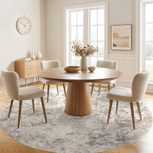 8ft Round Area Rug Living Room Rugs - 8x8 Washable Neutral Modern Abstract Soft Thin Rug Indoor Floor No Slip Rug Carpet for Bedroom Under Dining Table Home Office Decor - Brown Grey