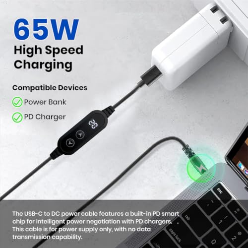 Image of Verilux PD 65W Type C to DC Power Cord with 8 Connectors, 5V-20V Five-Speed Adjustable Power Design with Digital Display & Dual-Button, USB C to DC Converter for Laptops, Routers, Home Appliances