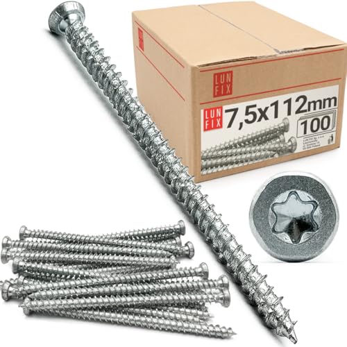 Tornillos para hormigón 7,5x112mm, 100 unidades, tornillo marco ventana cabeza avellanada Torx T30, tornillería acero cincado, tacos y tornillos para pared y madera, Lun Fix