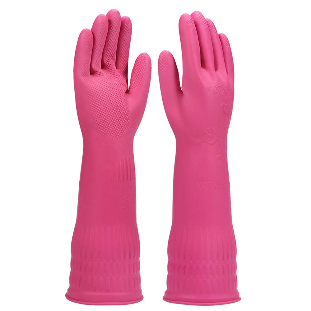 Rubber dishwashing gloves 3 Pairs for Kitchen,Household cleaning gloves long Waterproof Reuseable Durable.(Rose red,Small)