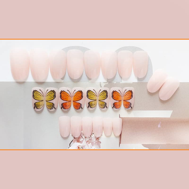 Miniatura 3 de Uñas postizas con diseño de mariposa naranja y amarilla, uñas postizas a presión de almendra rosa claro nude, uñas cortas para mujeres, 12 tamaños,
