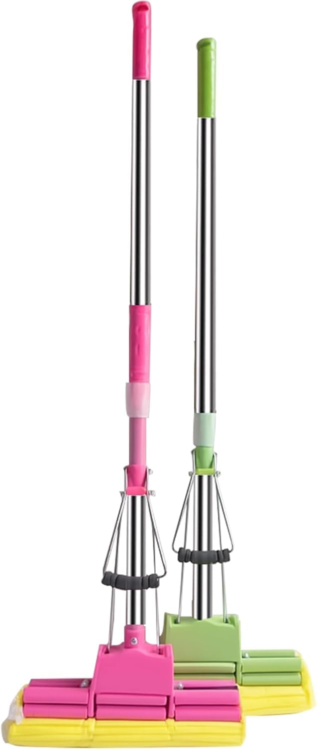 MSQUARE Floor Cleaning Squeeze Mops, High Absorption, Durable Construction, Sponge Heads, Adjustable Stainless Steel Handles, Perfect For Home, Kitchen, Bathroom, Random Colour