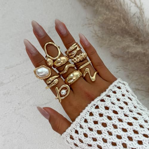 Chunky Gold Rings for Women Gold Baroque Pearl Rings Open Adjustable Pearl Ring Stacking Knuckles Rings Set Boho Prom Costume Jewelry2