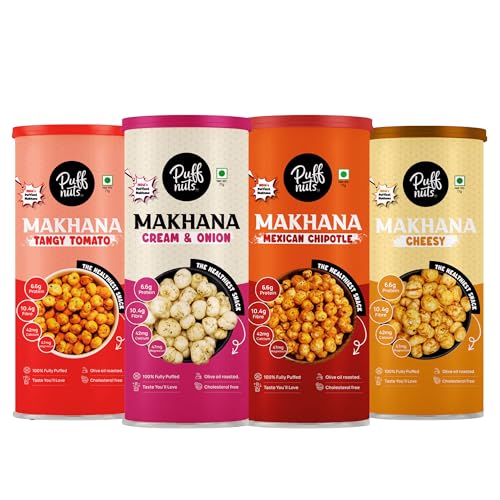 Image of Puffnuts COMBO of 4 Roasted and Flavoured Makhana | Healthy Snack | Namkeen Snacks | Puff Nuts | Gluten Free | Cholesterol Free | Protein Rich | Fiber Rich | With Calcium & Magnesium | Roasted in Olive Oil - 308g (Pack Of 4 x 77g, Cheese, Tangy Tomato, Mexican Chipotle, Cream & Onion)