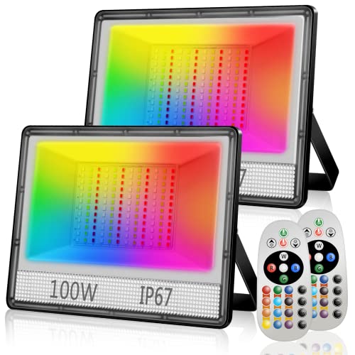 2 Unidades 100W Foco RGB Exterior con Control Remoto, Luces De Inundación LED con Función de Memoria, 16 Colores 4 Modos IP67 Impermeable Iluminación Exterior para Jardín, Escenarios, Parque, Hogar Cover