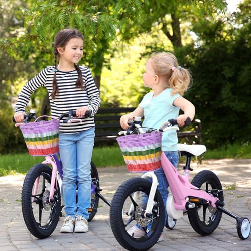 Flintronic Fahrradkorb für Kinder und Mädchen - Geflochten, Vorne Montierbar, Abnehmbar aus Rattan Mit Lederriemen (Mehrfarbig)