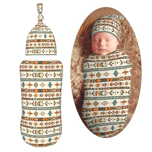 Image of Vintage Aztec Patter Newborn Swaddle Blankets Hat Sets Soft Baby Receiving Blanket Swaddle Sack for Baby Shower Infant Boy Girl Gift