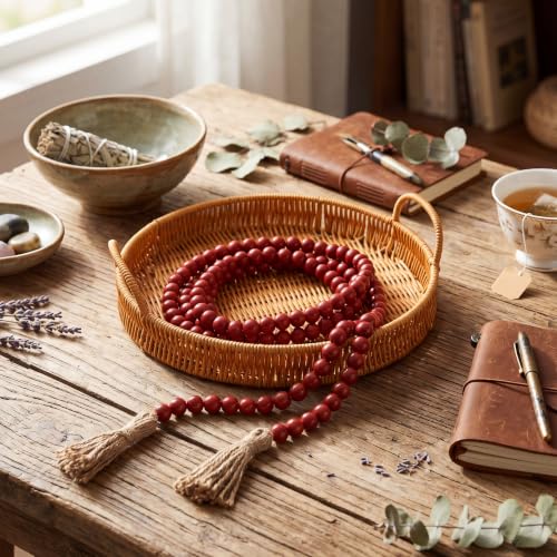 Image of Equsion Wooden Bead Garland with Tassels, Extra Long Fireplace Wood Bead Garlands Rustic Farmhouse Vintage Boho Beads Garland for Party Home Decor Tiered Tray Decorative Beads(Burgundy)