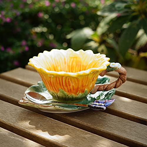Forlong Ceramic Coffee Mug And Saucer Set With Spoon,3D Handmade And Hand-Painted Sunflower And Leaf Design Tea Mug thumb #5