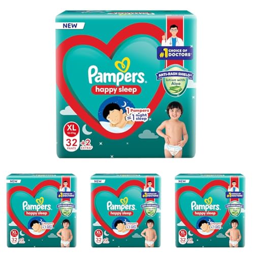 Image of Pampers Happy Sleep Pant Style Baby Diapers, X-Large (XL), 34 Count, 1 Pampers : 1 Night Sleep, with Anti Rash Shield, 12-17 Kg Diapers (Pack of 4)