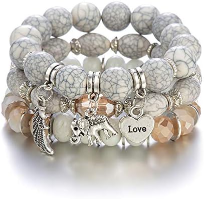 Caiyao Bohemian Beaded Bracelets Stackable Elephant Wing Love Heart Bracelet Set Multilayer Stretch Beaded Bracelets Boho Cute Elephant Charm Bracelets Jewelry Set for Women Girl-White